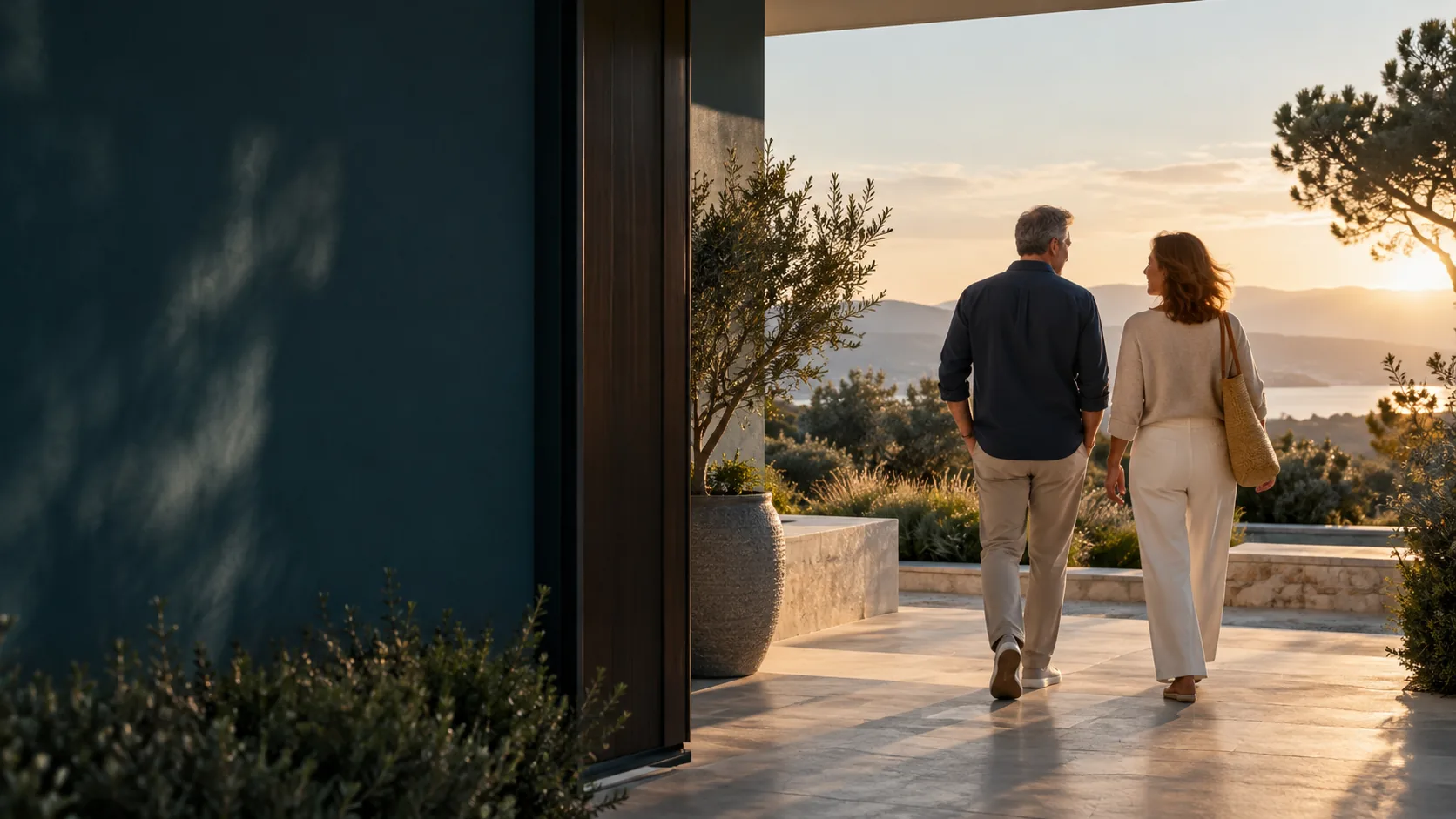 Pareja adulta saliendo a caminar de forma autónoma al atardecer