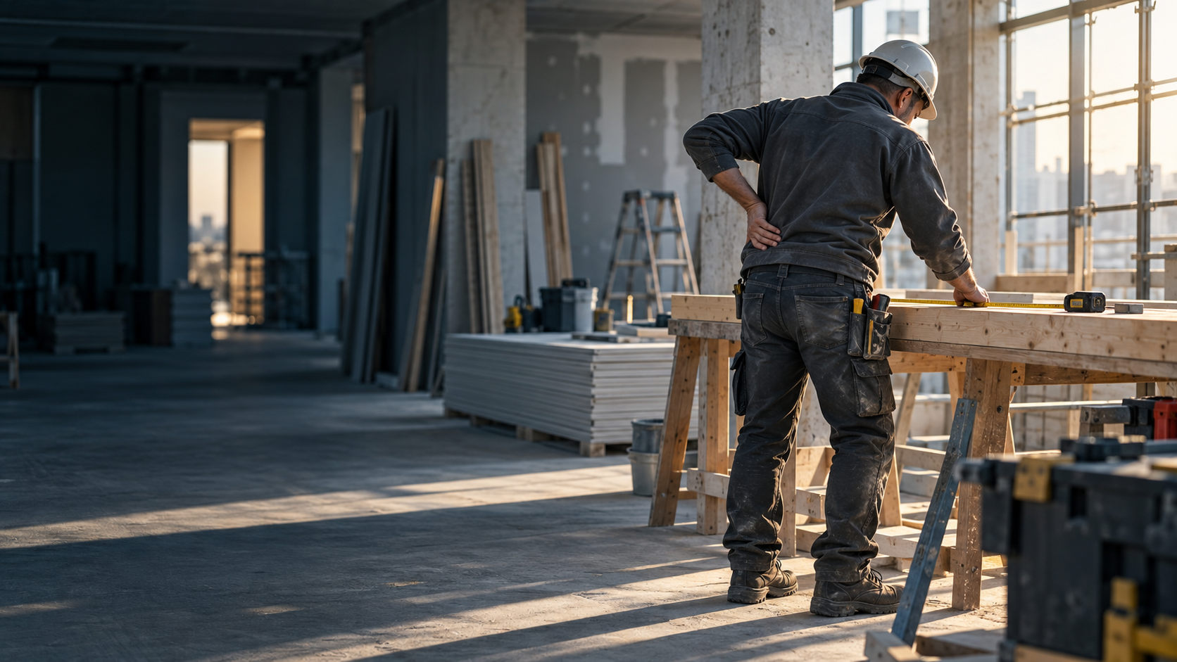 Trabajador de la construcción con dolor lumbar durante su actividad