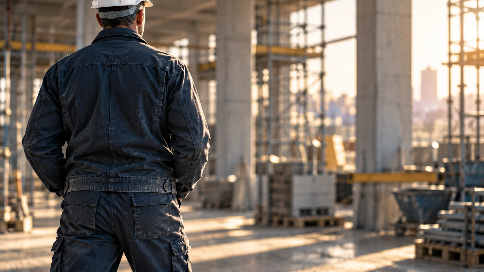 Trabajador de la construcción visto de espaldas con postura lumbar estable