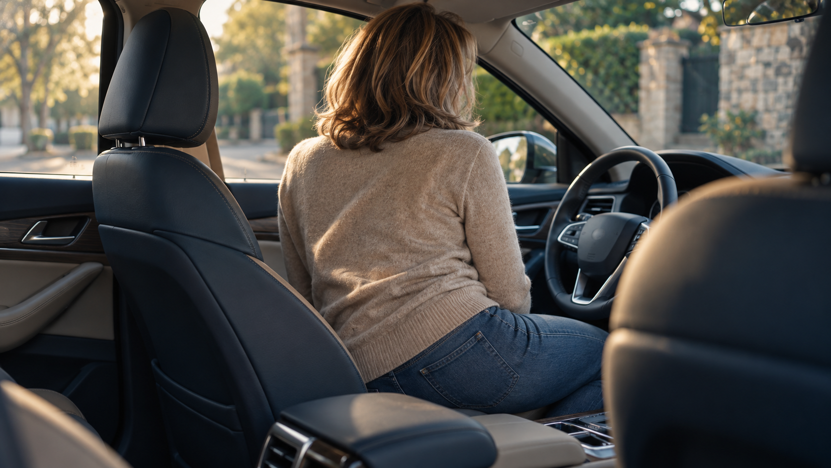 Mujer sentada en un coche estacionado, buscando una postura más cómoda